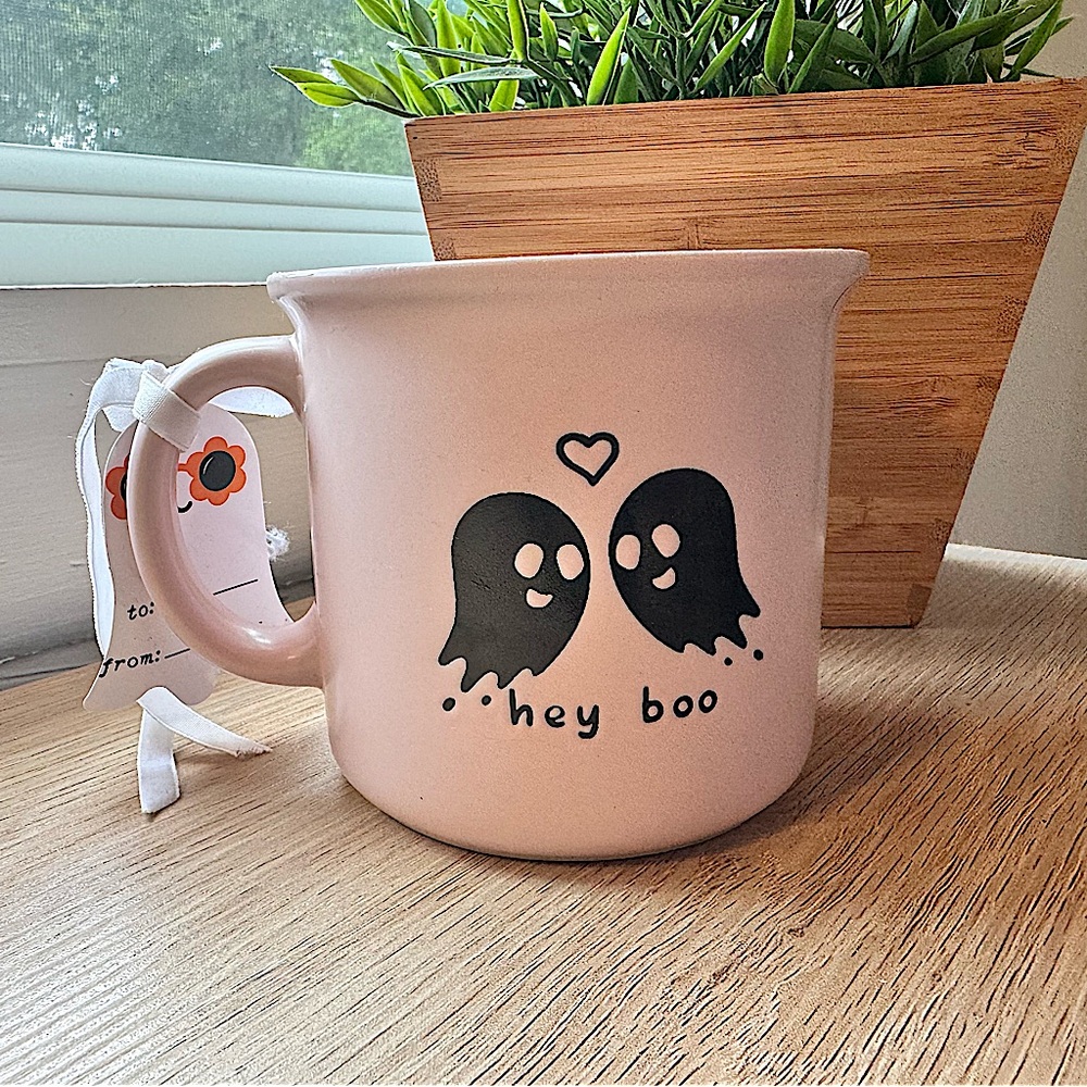 Light pink HEY BOO basket Halloween coffee mug ghosts besties gifts decoration